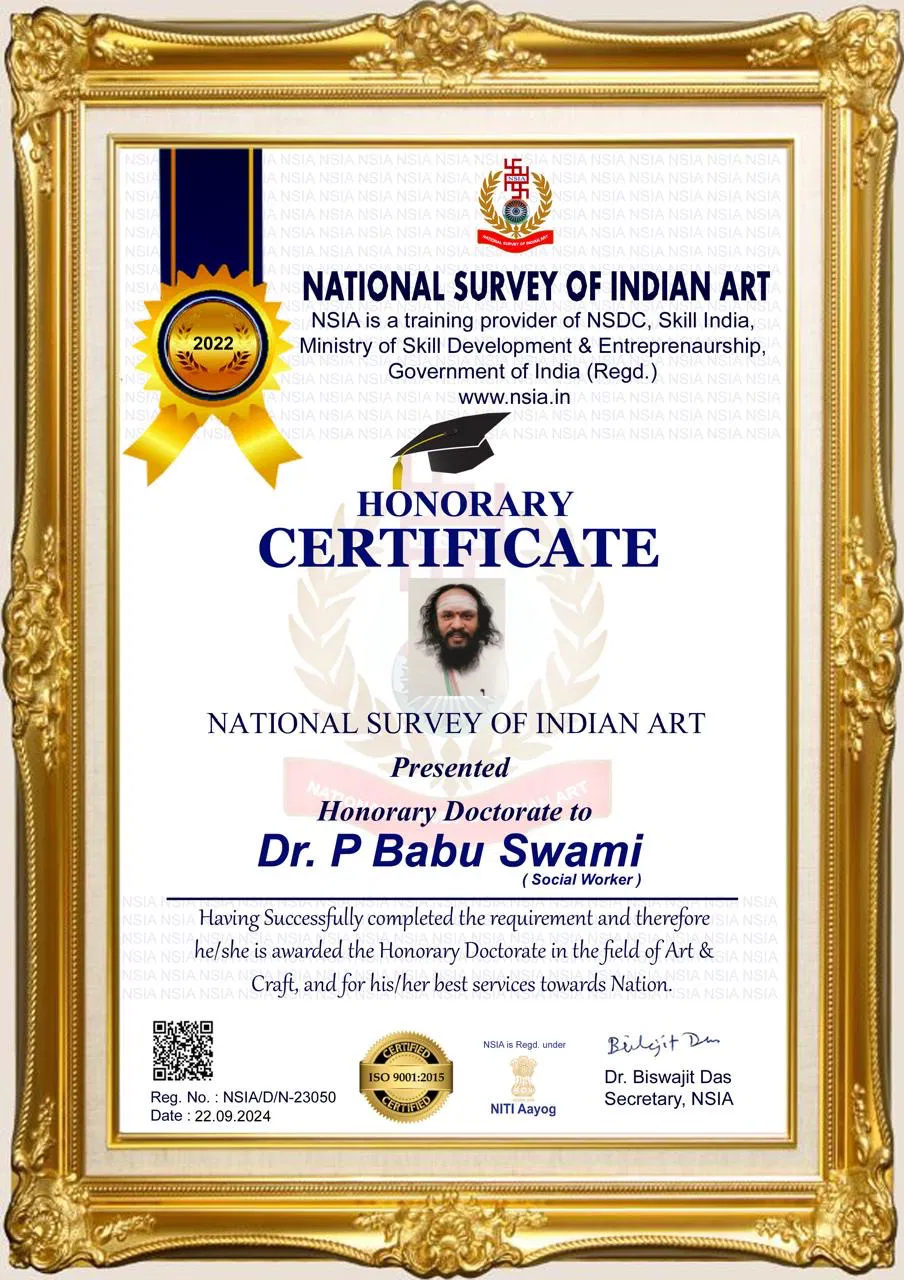 Dr. P. Babu Swami Honarary Certificate